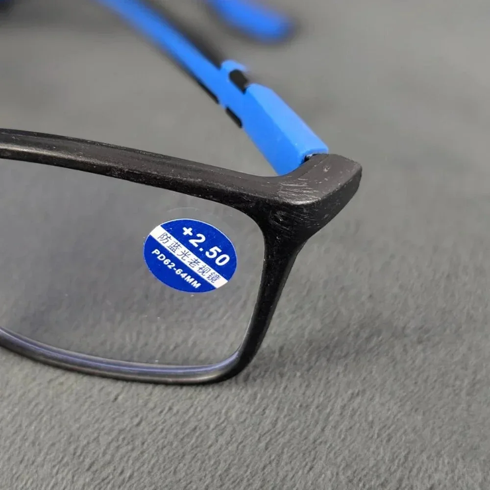 Reading reader glasses, 2.50+ blue and black plastic frame, blue blocking lenses